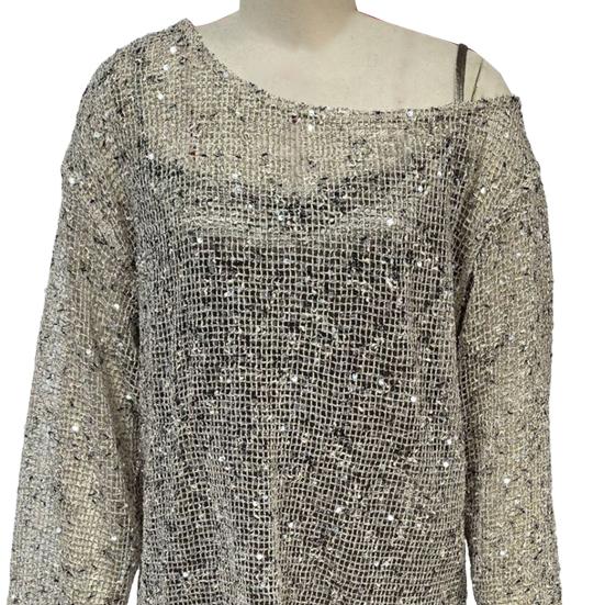 Women Tops Sparkling Sequin Detail Round Neck Long Sleeve Loose Fit Pullover Tops Office Vacation Party Wear