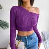 Autumn Winter Women Fashion Long Sleeve Cropped Knit Sweater Solid Color Off Shoulder Tops S-L