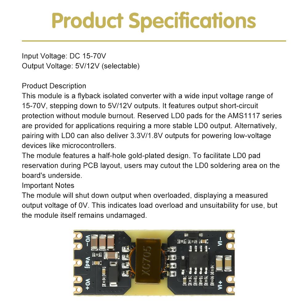 XC7010 Isolated Power Supply Module DC15-70V to 5V 12V Output Reserve LDO With Short Circuit Protection for Industrial Equipment