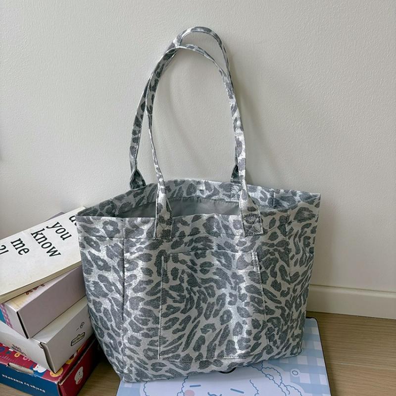 

Silver Leopard Print Canvas Leisure Tote Bag Large Capacity Commuter Shoulder Bag Fashi Simple and Lightweight Storage Bags серебряный