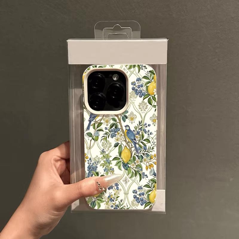 Husă de telefon cu imprimeu proaspăt de lămâi, păsări și flori pentru seria iPhone 17 16 15 14 13 12 11 Pro Max Plus Protecție cu strat dublu