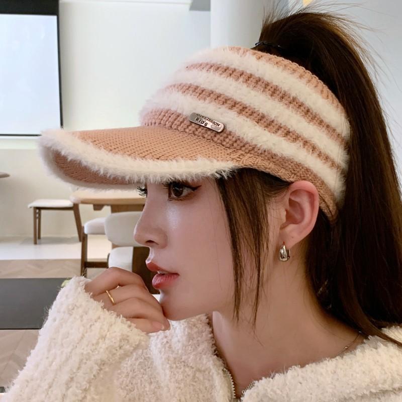

Autumn and Winter Thermal Hat Women s Striped Knitted Thread Hat Outdoor Sports Hat Windproof Ear Protector Wool Hat One Size розовый