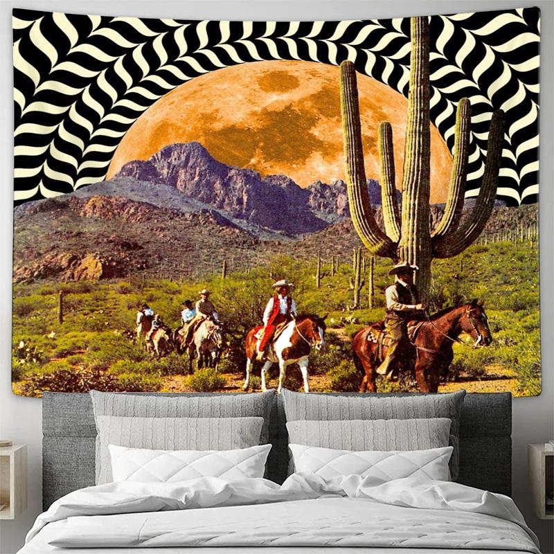 Unframed Western Cowgirl Horses Tapestry Vintage Southwestern Desert Landscape Wall Hanging Room Decor Bohemian Farmhouse Aesthe