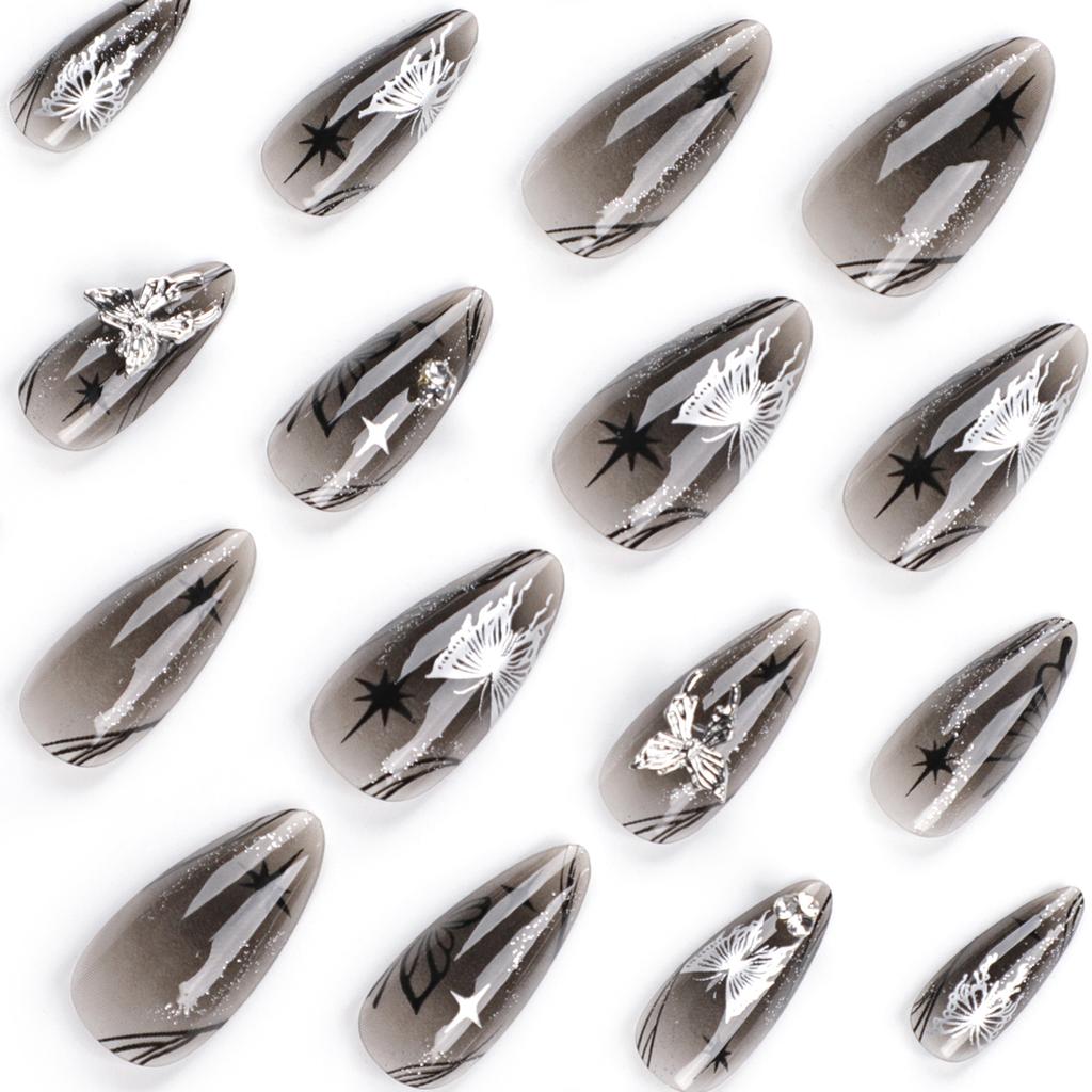 24 Pieces Ice Through Silver Bow Wearing Nail Black Cool Spicy Star Light Diamond Manicure Long Almond Nail Fake Nail Piece