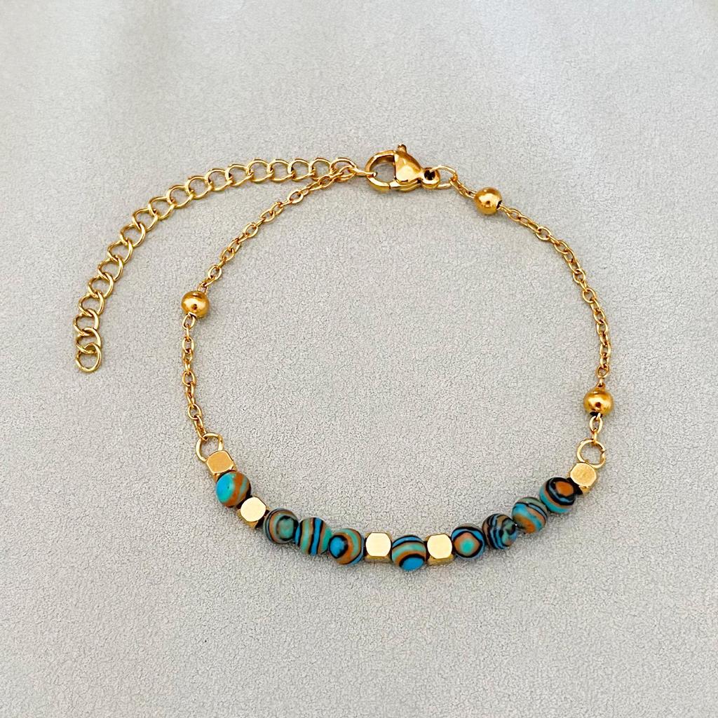 European & American Retro Malachite Sugar Cube Bracelet, 18K Gold Electroplated Stainless Steel Lux Beaded Women's Bracelet