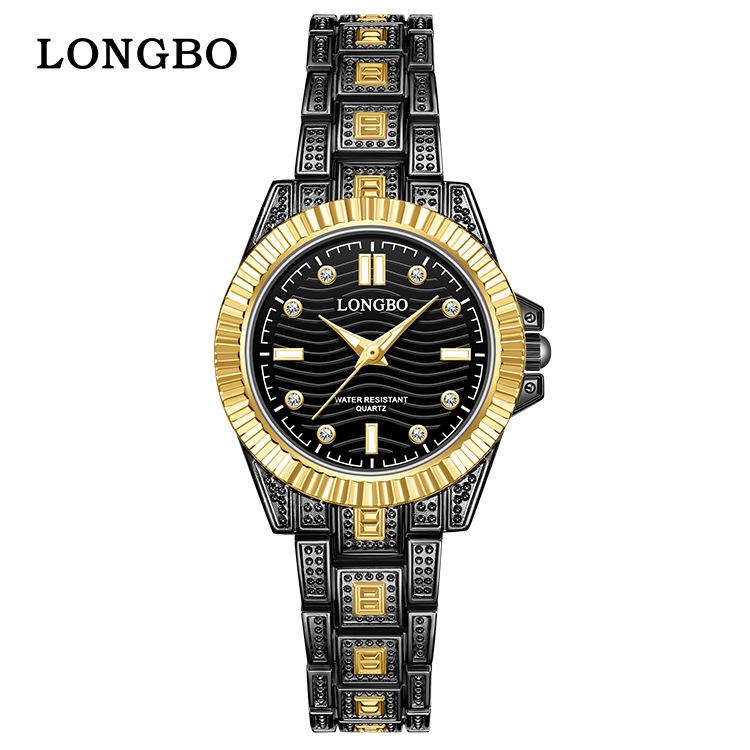 LONGBO 83611 Quartz Watches Waterproof Luminous Stainless Steel Calendar Full Diamond Gold Design Luxury Wristwatch for Couple