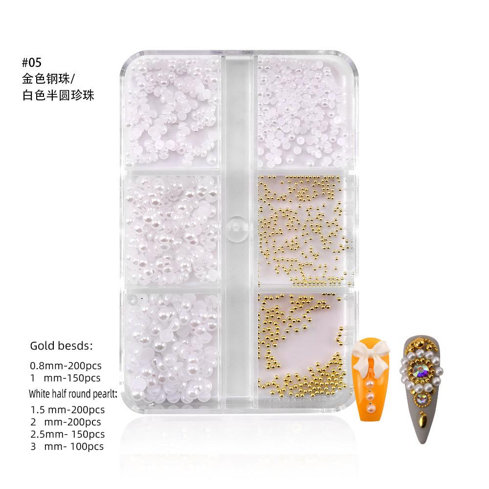 6-Grid Nail Art Pearl Ab Symphony Semicircle Abs Pearl Small Steel Ball Mixed Nail Jewelry