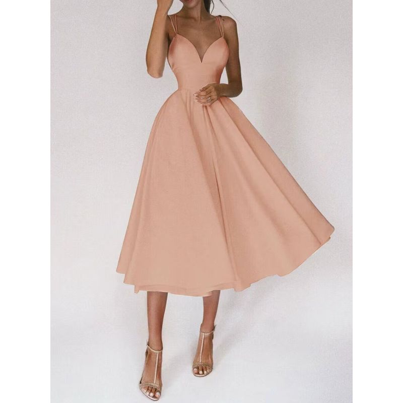 

Western Style New Sling Backless Dress Solid Sexy Big Hemline A- line Dress Sling Sexy Dress Apricot color L