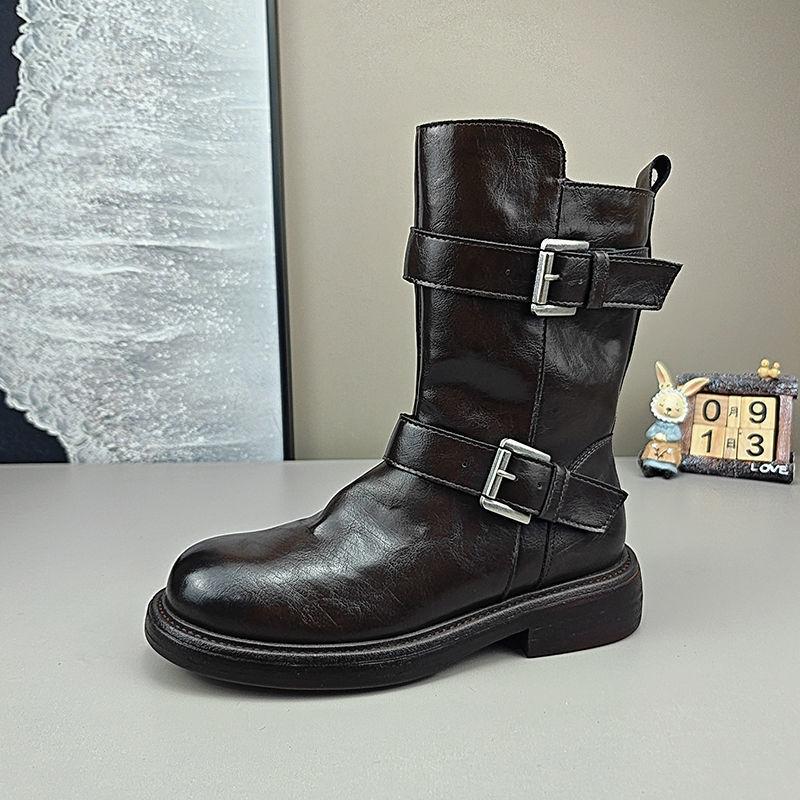 

Autumn Winter Vintage Belt Buckle Women Ankle Boots Fashion Slip on Shoes Concise Low Heel Short Booties Shoes Zapatos Mujer 35