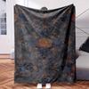 Blue And Golden Floral Pattern On Black Background - Themed Blanket - Comfortable Flannel Fabric Hypoallergenic Suitable for All S