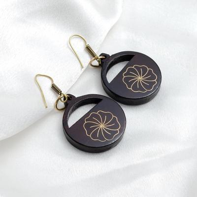 Wood Inlaid Rose Laurel Earrings: German Silver Detail