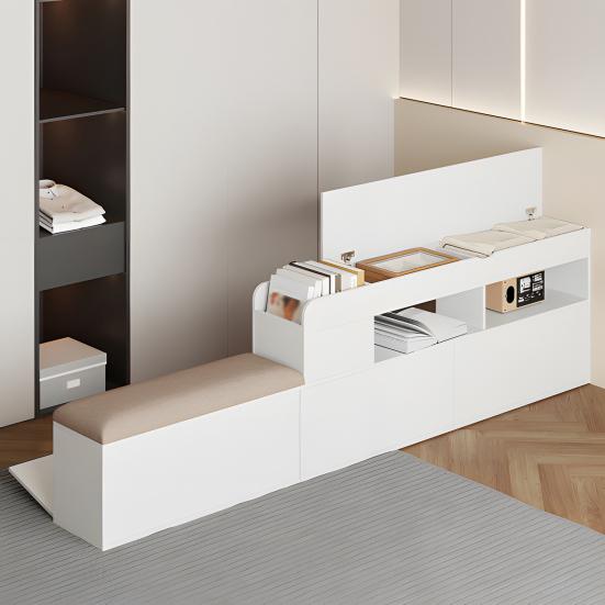 140 X 200cm Storage Bed with Drawers Headboard Built-in Storage Compartment Bedside Table Sofa Bench Strong Wood Slat Support Bed Home Furniture