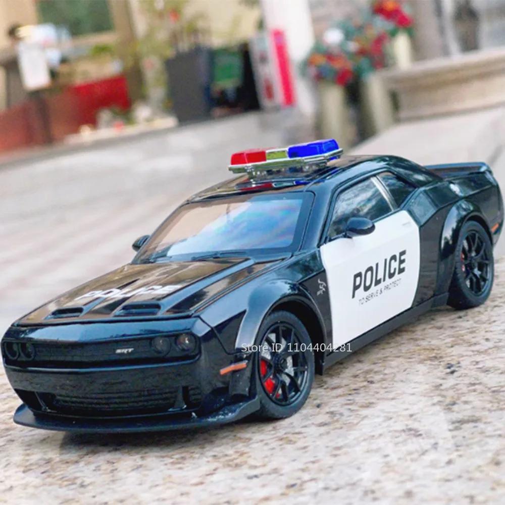 1:24 Challenger Srt Hellcat Legierungs-Polizeiauto Diecast Modell Spielzeug Vorderradlenkung Sound Licht Rückzugsfahrzeuge für Kinder Geschenk