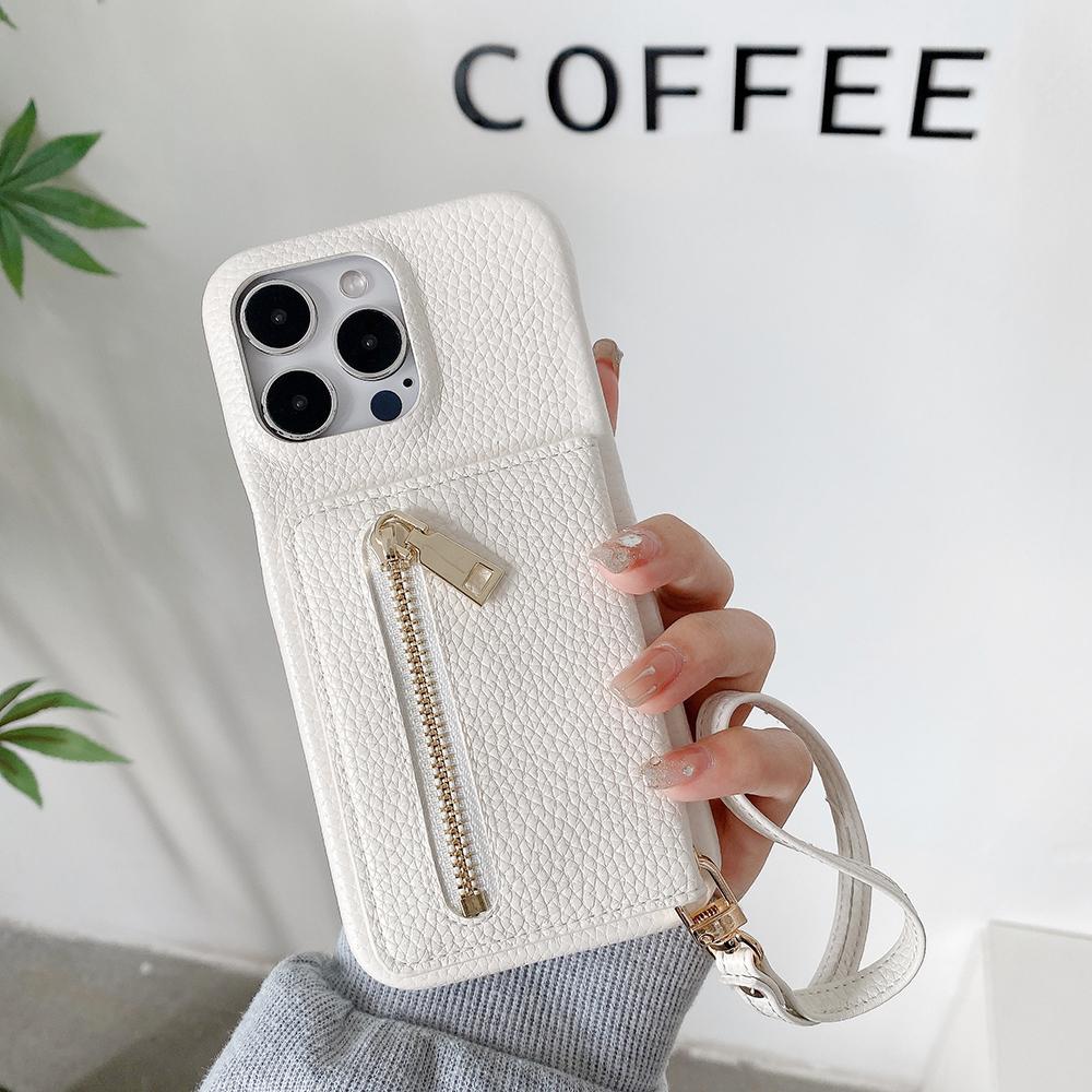 For iPhone 14 Pro Max Case Card Slots Kickstand PU Leather Back Cover with Zipper Pocket, Wrist Strap