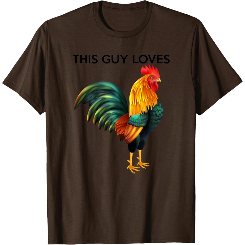 Funny Rooster Graphic Tee This Guy Loves Chicken Print Casual Cotton T-Shirt