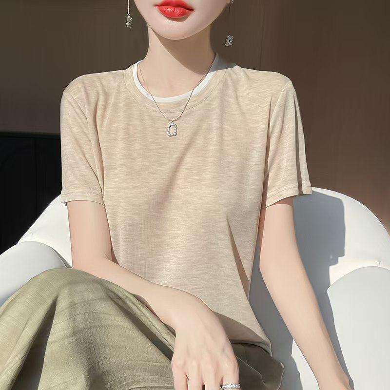 

Летняя женская футболка 2025 года с цветными блоками, два в одном, с коротким рукавом, повседневная, приталенного кроя XL