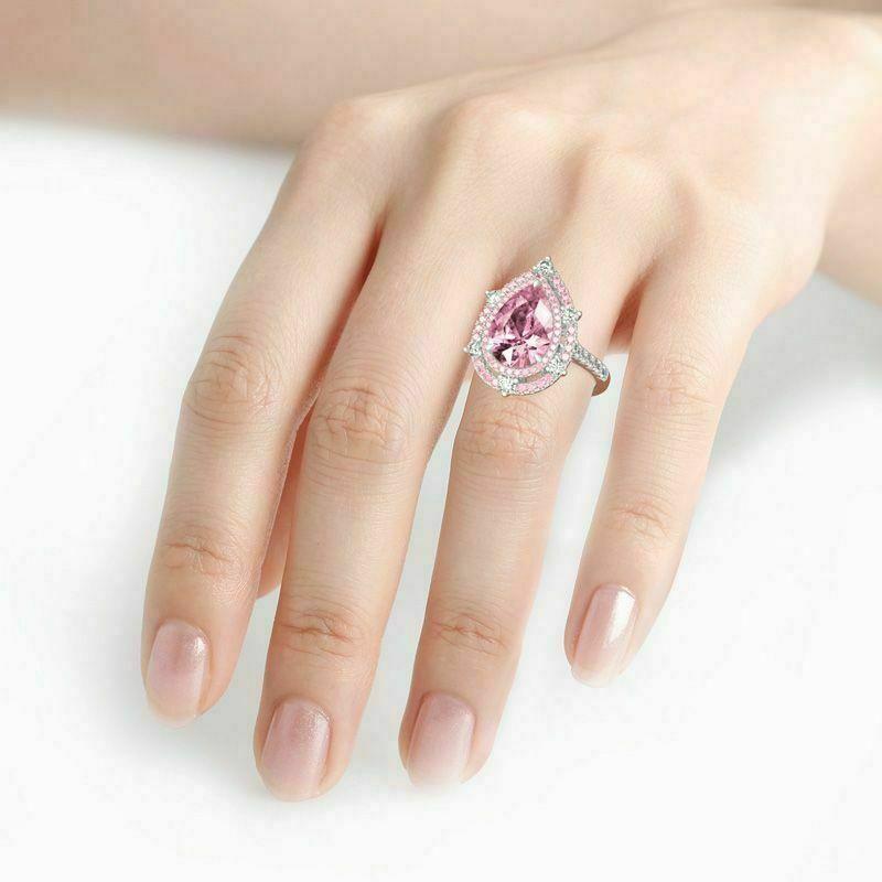 Bague de luxe légère en forme de goutte d'eau avec diamants légèrement incrustés, bague poire rose tendre pour femme