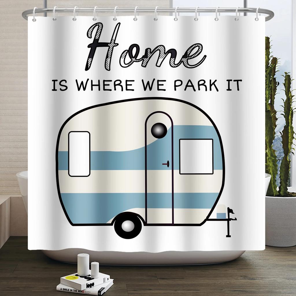 Camper Shower Curtain Happy Camper Trailer Car Rv Forest Mountain Tent Camping Bathroom Shower Curtain Waterproof Bath Curtain
