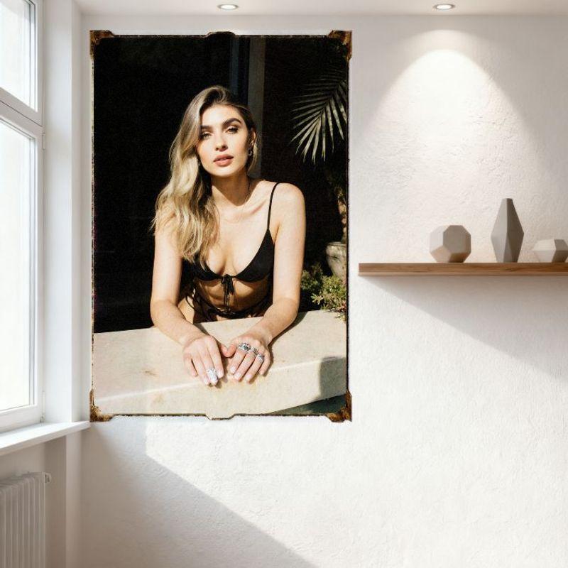 Sexy Blonde Woman Wavy Hair Bikini Vintage Metal Tin Sign for Home Resort Wall Decor - Sparkly Rings, Dark Indoor Setting, 8x12