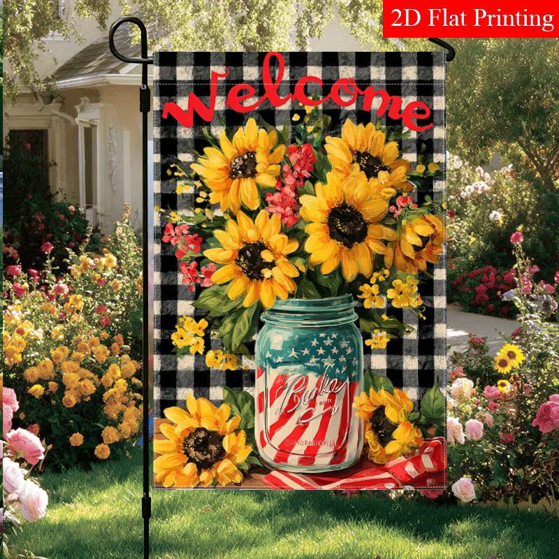 2D Flat, 1pc Welcome to July 4Th Buffalo Pattern Sunflower American Flag Garden Flag_3 (3)- Outdoor Garden Flag Double-Sided Home Decoration Courtyard