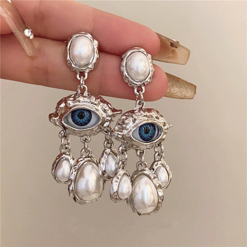 Kashmir Vintage Devil Eyes Pearl Pendant Earrings For Women, European American Style, Unique Personality, Party Jewelry Accessory.