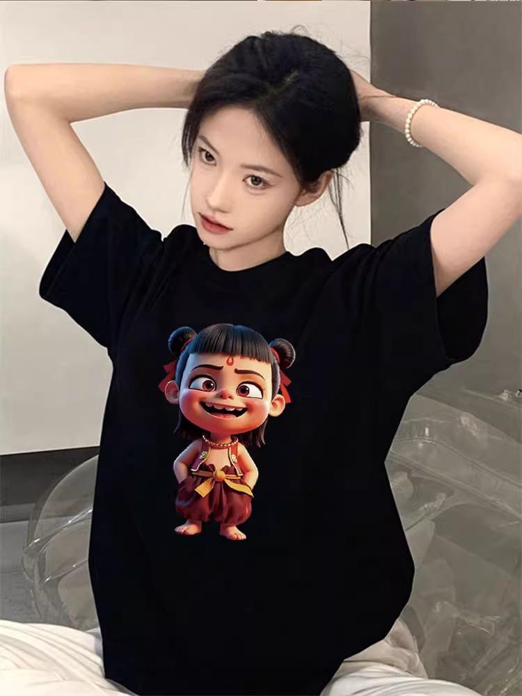 

Women s Trendy Nezha Cartoon Cotton T-shirt, Summer Short Sleeve 2025 M чорний