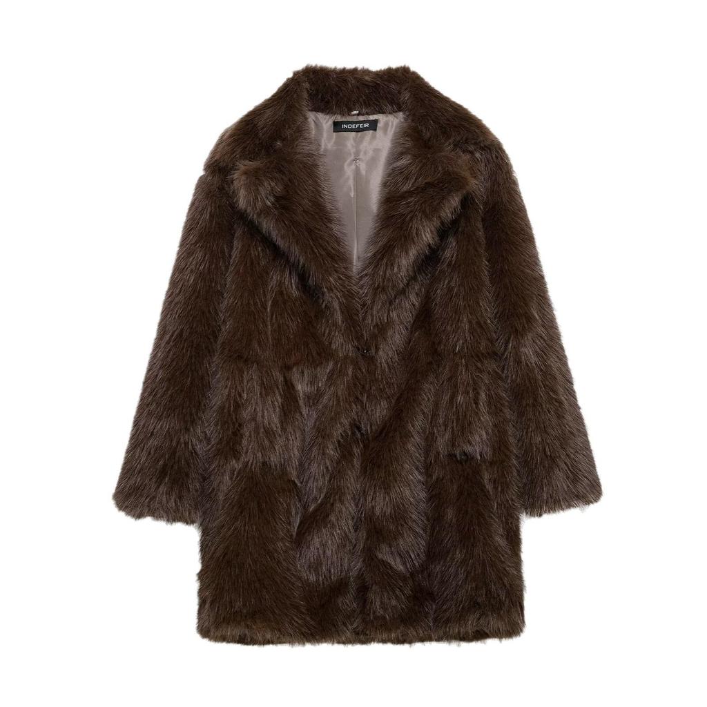 Eco-Friendly Faux Fur Women's Mid-Length Coat - Warm Fuzzy Winter Jacket