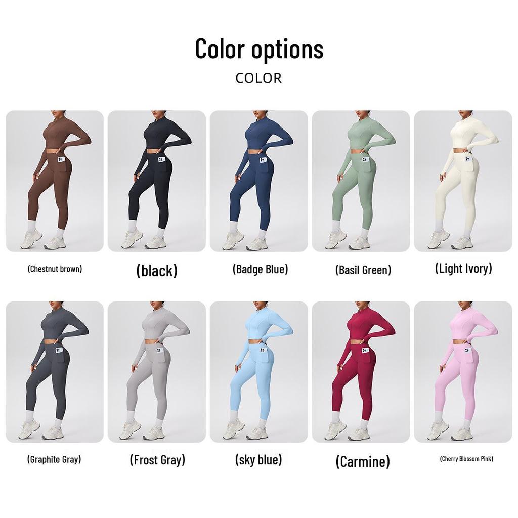 Zipper Crop Top Jacket & High-Waist Butt-Lifting Pocketed Pants Sports Set - Perfect for Yoga, Running, & Casual Fitness.