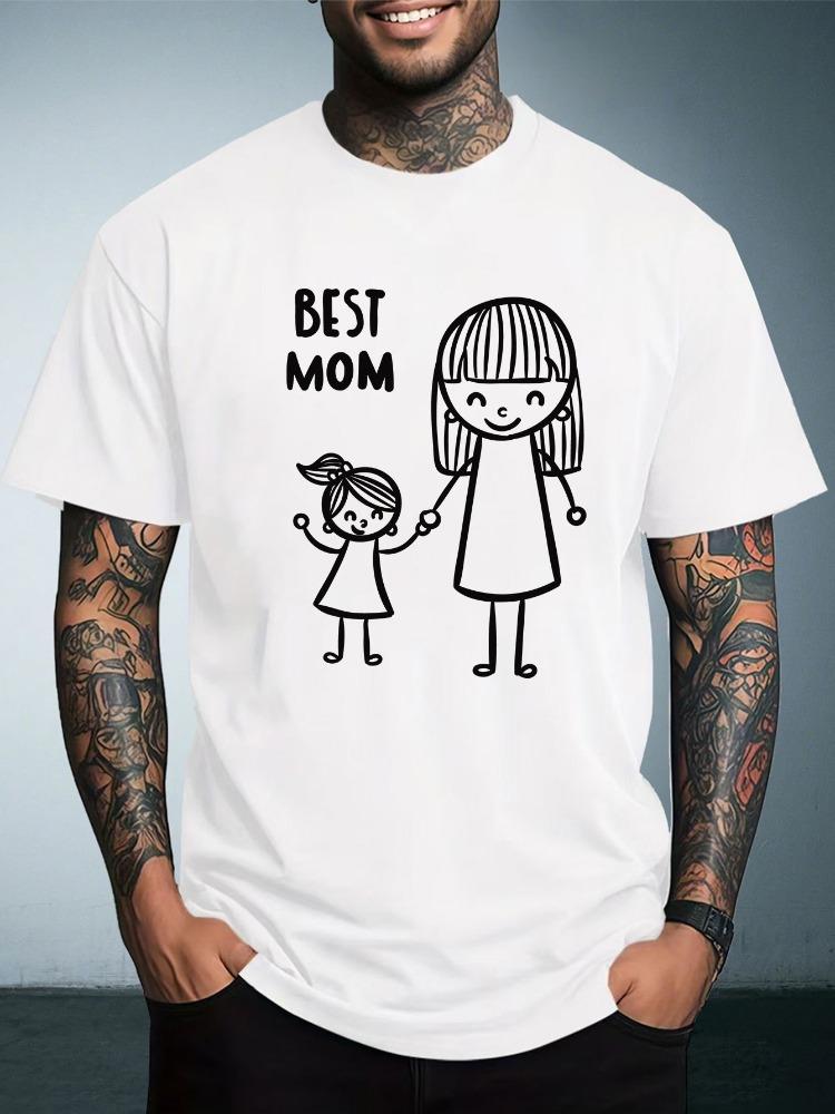 Unisexs Summer White Short Sleeve T Shirt Fashion Casual Top Best Mom Stick Figure Print Crew Neck Loose Daily Holiday Gift Tee