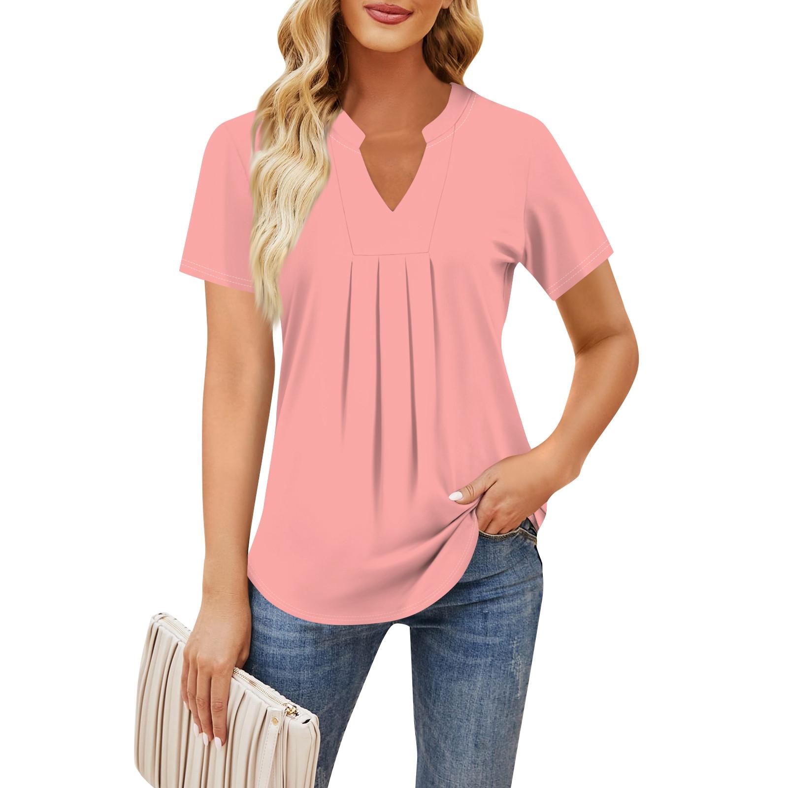 Женская повседневная свободная футболка с коротким рукавом и v-образным вырезом на груди — фото 3