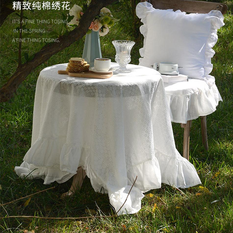 Francuski bawełniany obrus z falbankami biały, Dekoracja stolika do herbaty, Prostokątny obrus na stół do kuchni, na wesele, do dekoracji przyjęcia