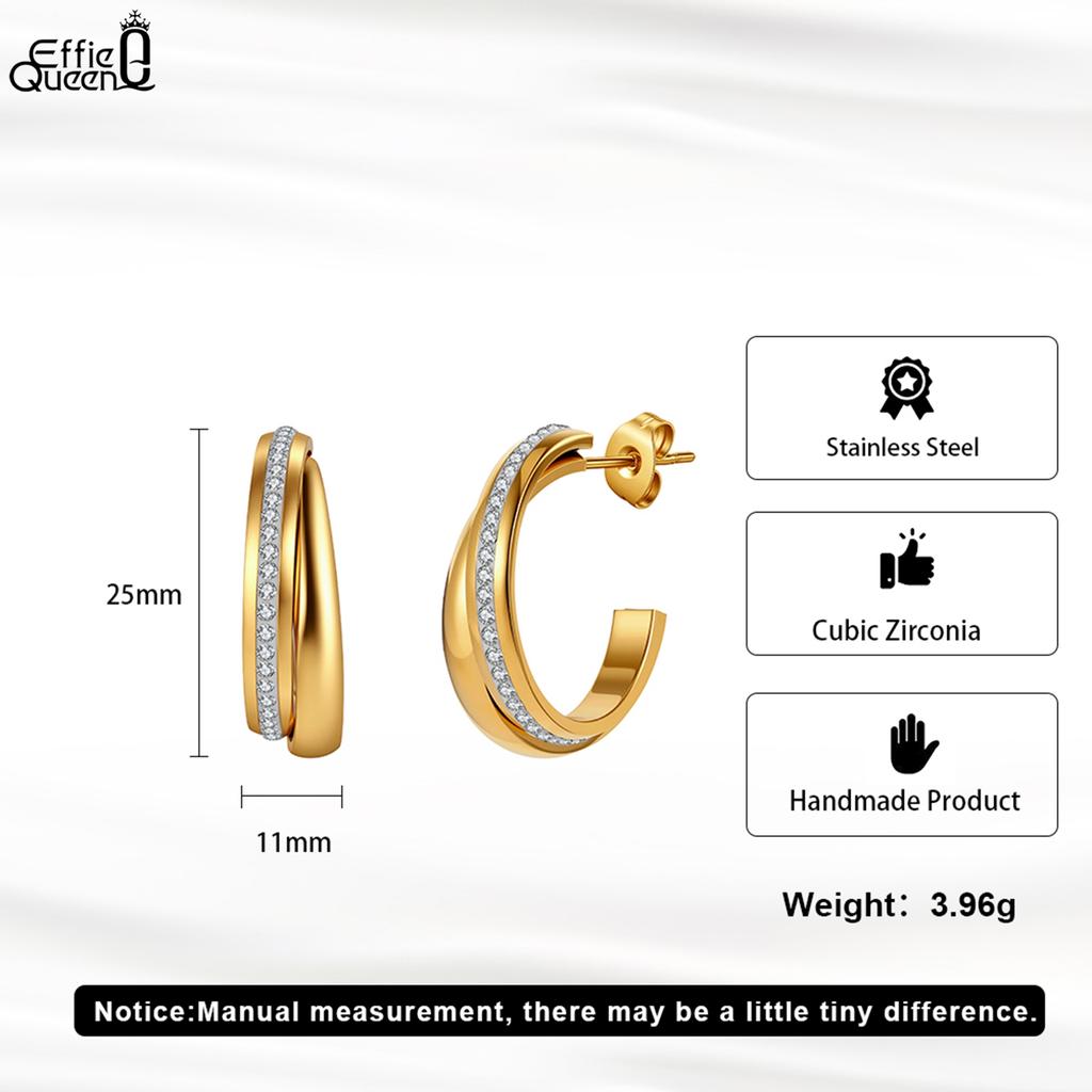 Effie Queen Edelstahl 18 Karat Gold Verdrehtes Design Zirkonia Creolen Idealer Schmuck für Damen, Herren Hochzeitsfeier Geschenk STKE02