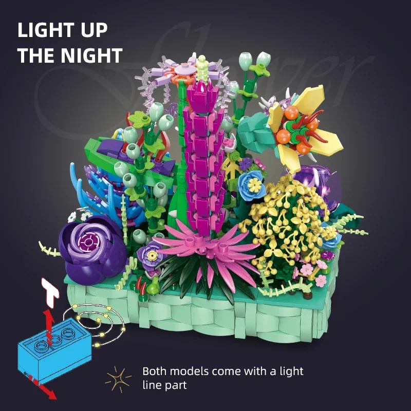 Creative Potted Flower Building Blocks Colorful Rose Lavender Flower Plant Model Bricks Home Decoration Kids Toys Holiday Gifts