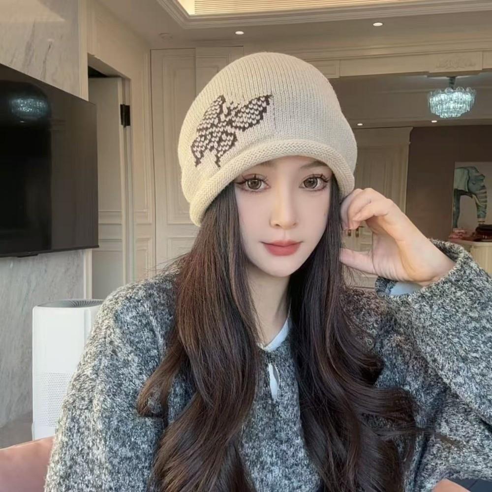 Butterfly Pattern Drawstring Beanie Cap Windproof Ear Protection Hat Knitted Woolen Hat  for Women