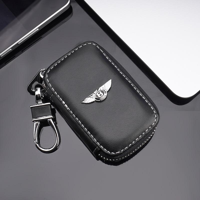 Husă din Piele pentru Chei Auto cu Logo Metalic 3D, Geantă Portofel cu Fermoar, Suport pentru Accesorii Bentley Flying Spur Continental GT Bentayga Mulsanne