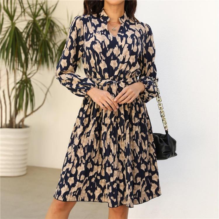 Women's Spring Floral Print V Neck Lace Up Dress Long Sleeve High Waist Knee Length Pleated