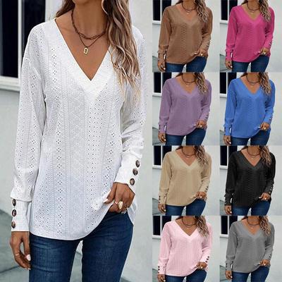Camiseta Feminina da Moda com Decote V Vazado e Botões de Manga Comprida