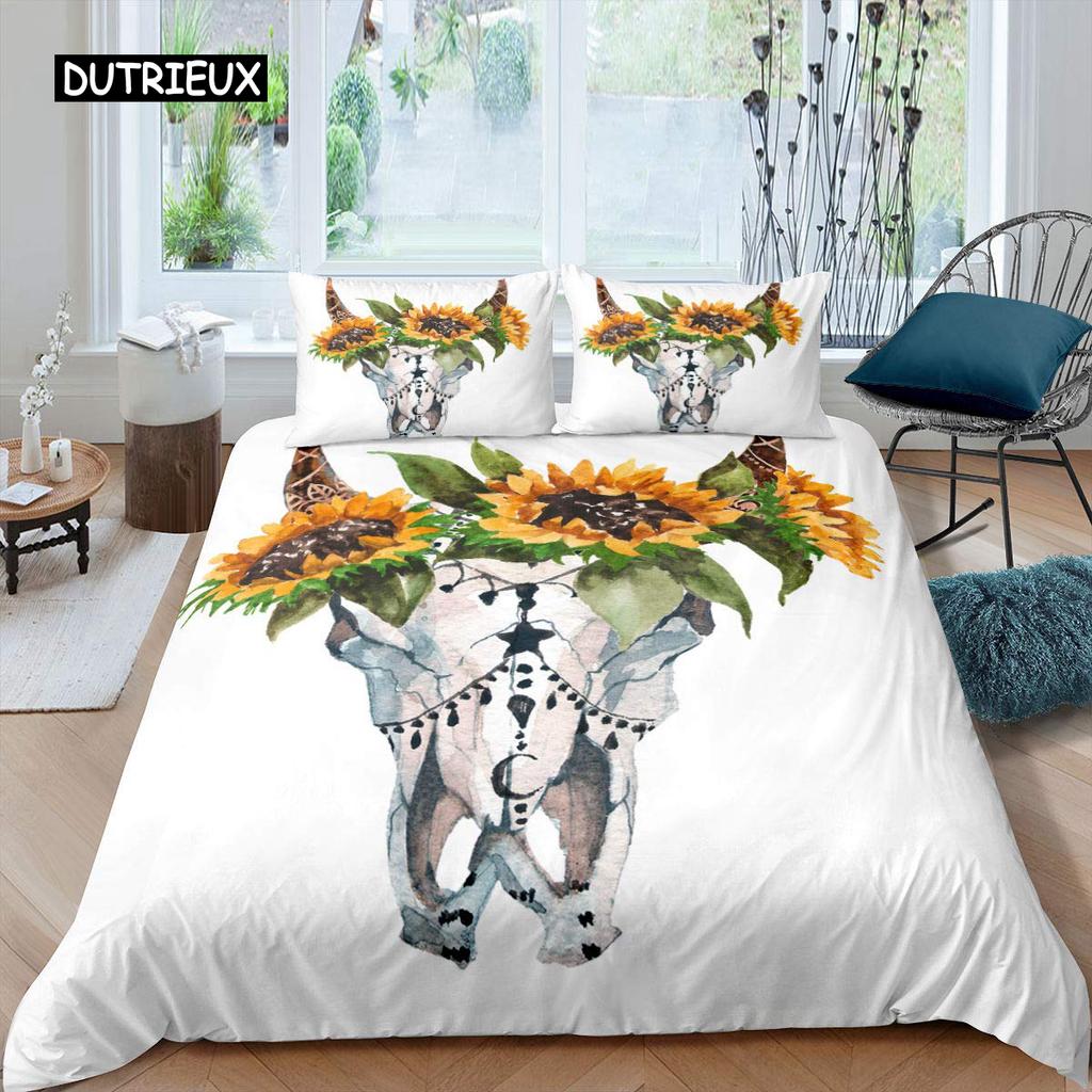 Stierschädel Bettbezug Set Boho Chic Feder Bettwäsche Set Böhmisch Exotische Zweige Blume für Teenager Mikrofaser King Steppdeckenbezug