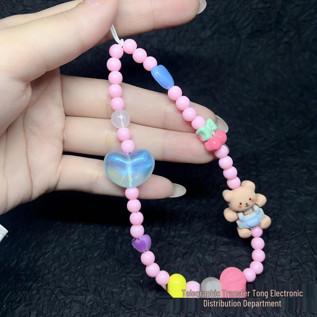 Little Bear Heart Pink Pearl Bracelet - Women's Fashionable Handbag & Phone Lanyard Ornament