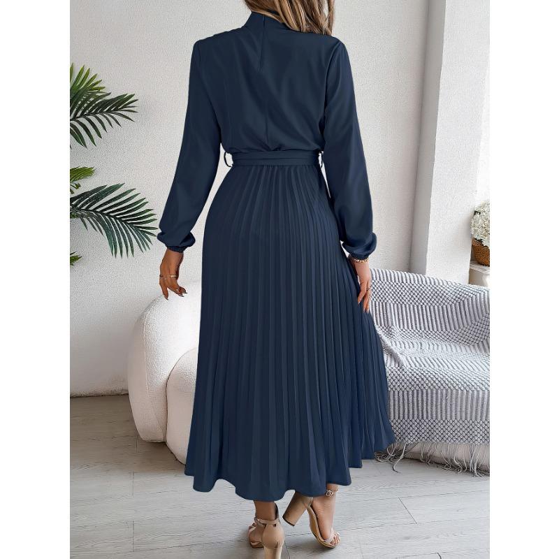 Women's Autumn and Winter Elegant Stand Collar Long Sleeve Waist Pleated Long Dress