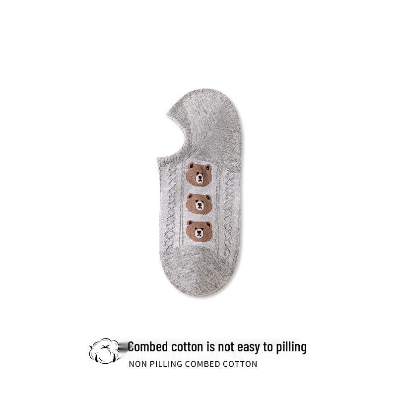 Women's Pure Cotton Low-Cut Summer Boat Socks - Trendy Korean/Japanese Style with Non-Slip, Cute Little Bear Design