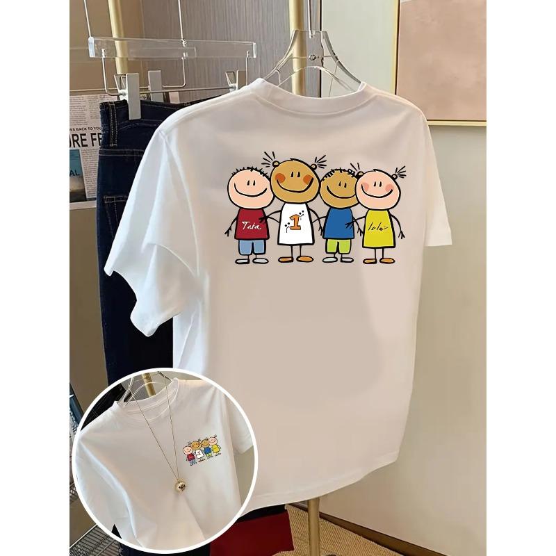 

European Size Day, Friendship Print Tshirt Short Sleeve Crew Neck Casual Top for Summer Spring, Women s Clothing 4XL білий