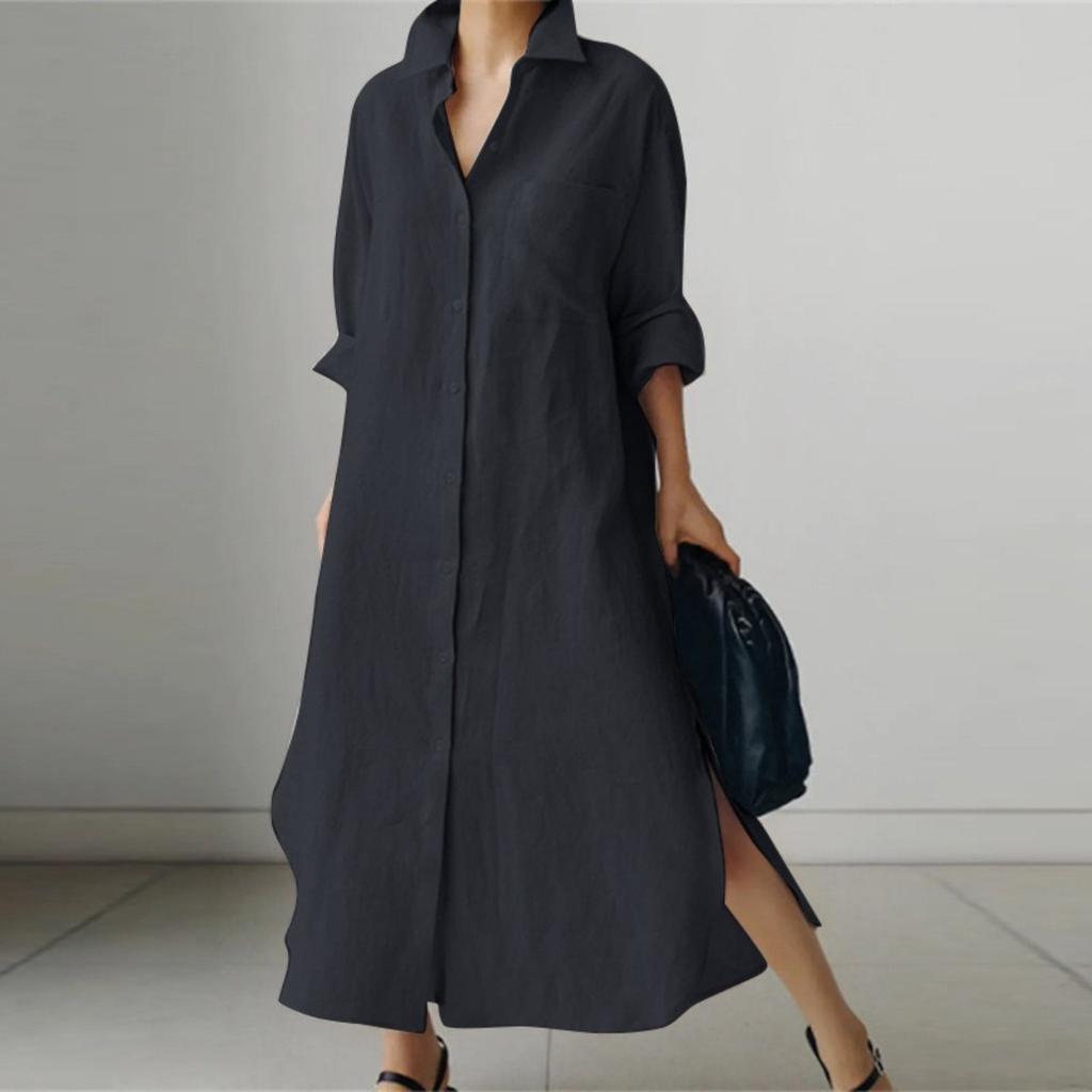 LYRIA Cotton Linen Oversize Women Dress Black Turn-Down Collar Loose Dresses Female Elegant Casual Trendy Ladies Clothes