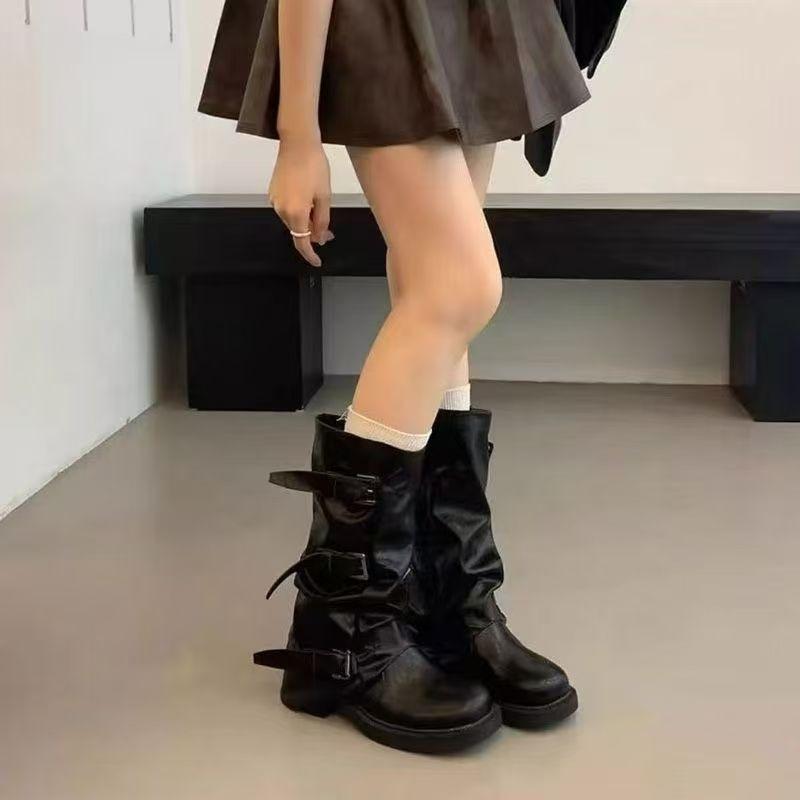 Retro thick-soled medium boots women's autumn new western cowboy Martin boots stacked pants tube boots knight boots