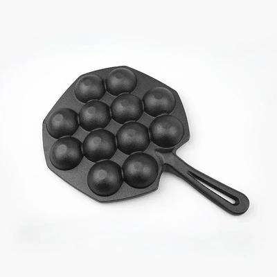 Nouvelle Poêle à Takoyaki 12 Trous Manche en Bois Boules de Poulpe Poêle à Frire Moule en Fonte Ménagère Poêle à Frire Antiadhésive Ustensile de Cuisine Outil de Cuisson pour Poulpe
