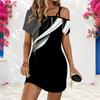 Women Plus Size One Shoulder Strappy Short Sleeve Black White Printed Loose Dress