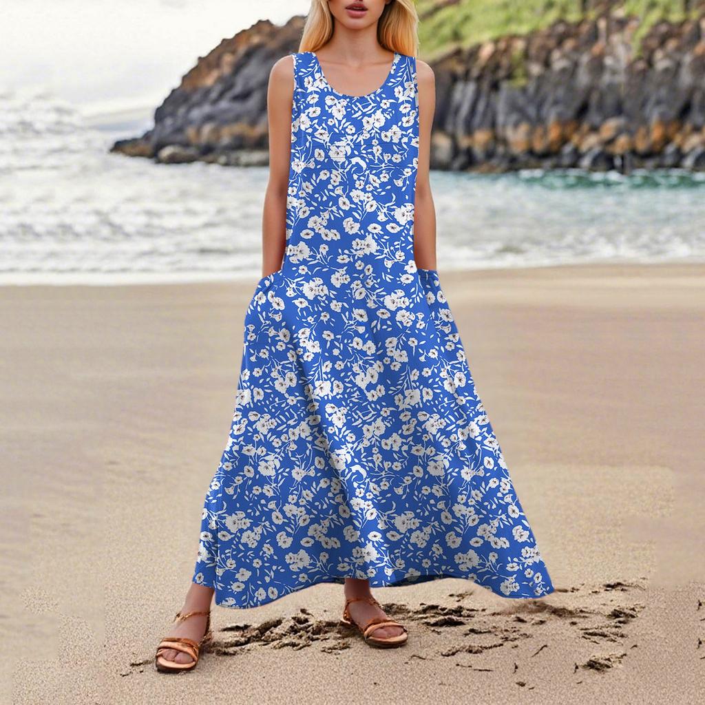 Women's Fashion Round Neck Sleeveless Pleated Beach Dress With Pockets Long Floral Dresses