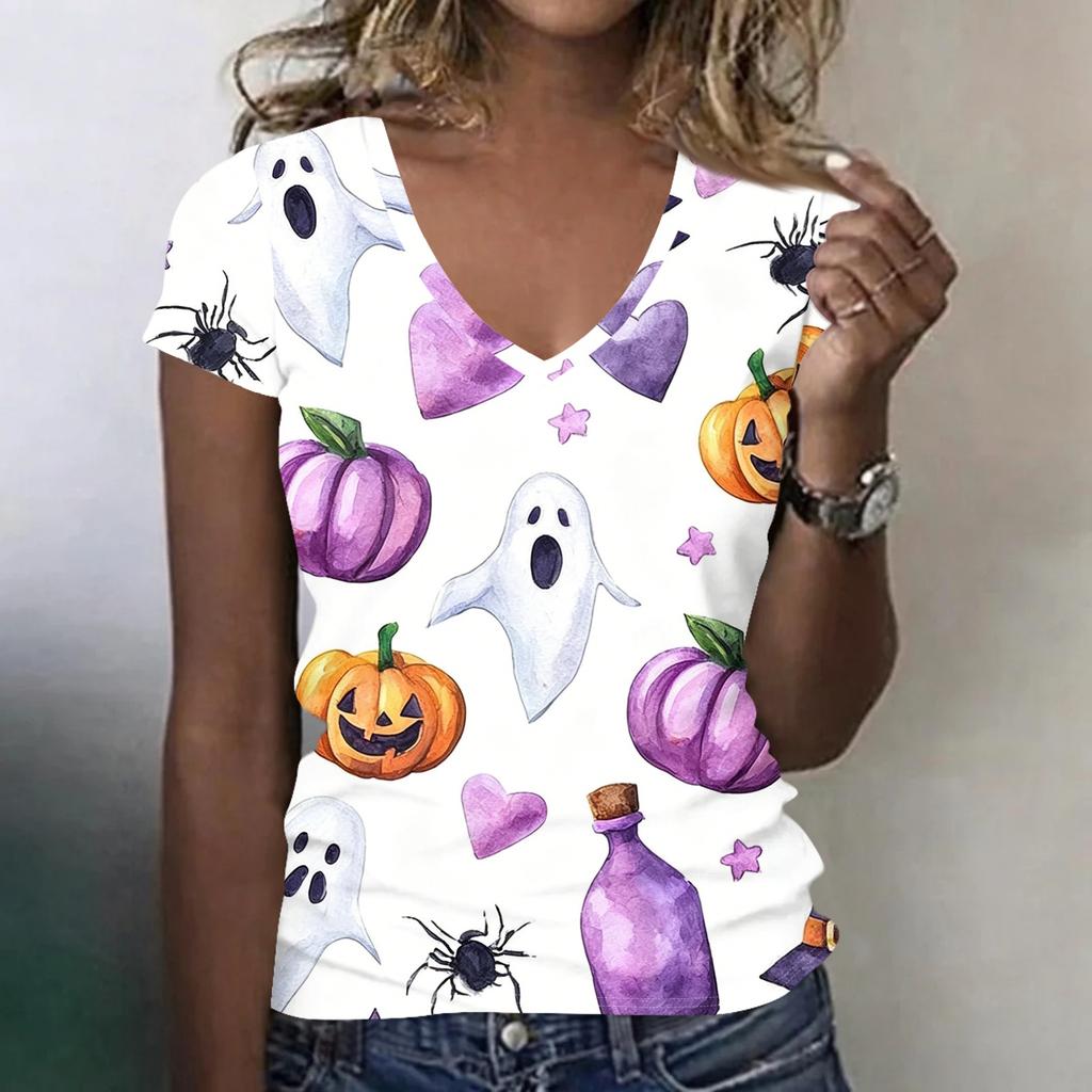 Women's V-Neck Halloween Print Blouse Lightweight Spring Summer Top