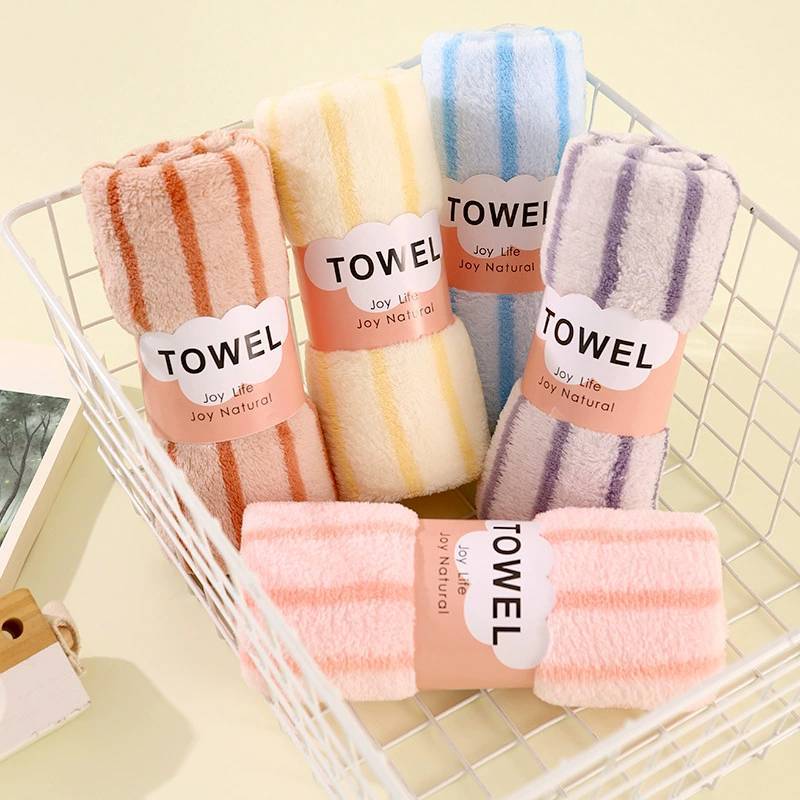 Coral Fleece Towel With Thick Absorbent Stripes For Home Use And Giftgiving