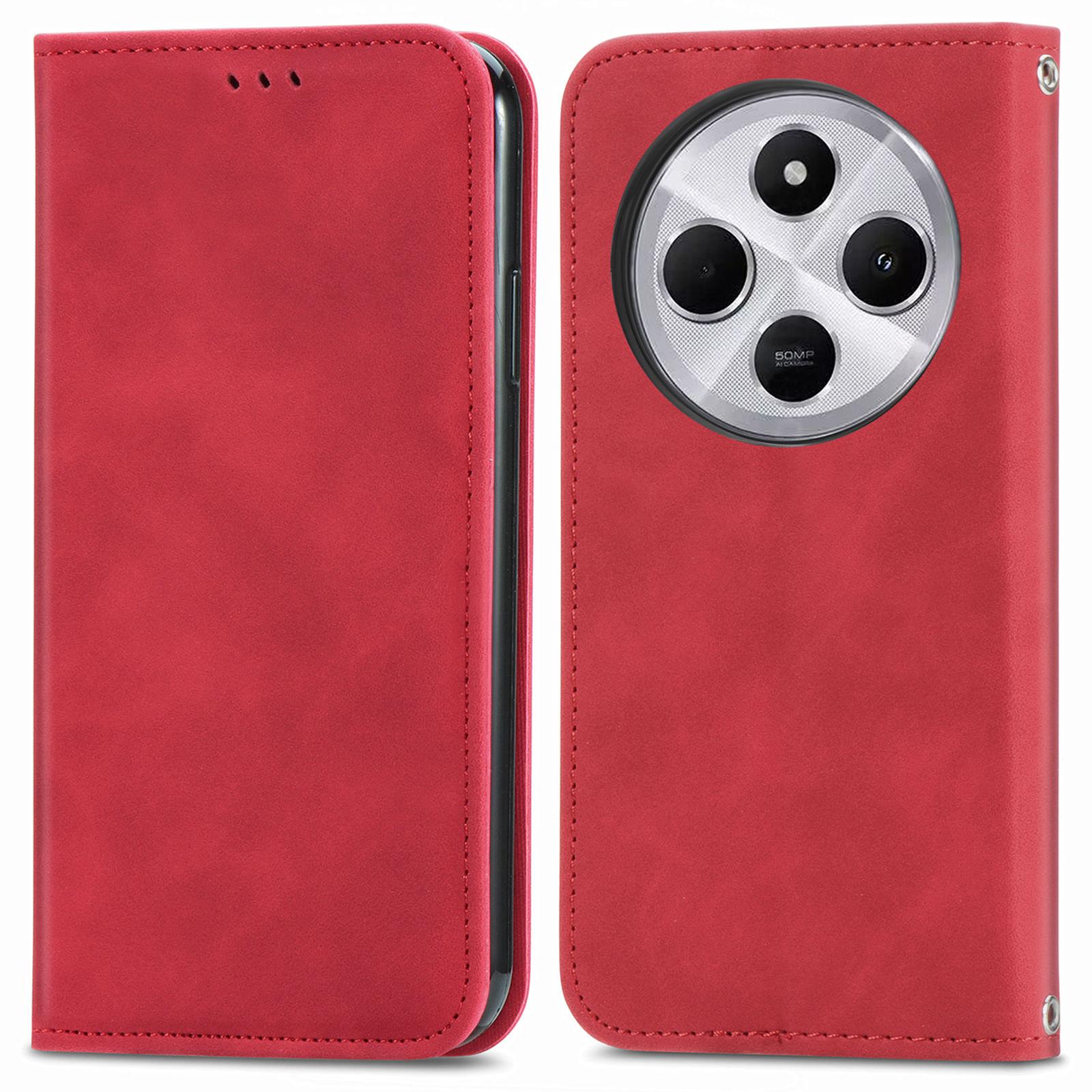 

Leather Case For Xiaomi Redmi 14C 4G/14R 5G/Poco C75 4G Skin Touch Feeling Card Holder Phone Cover Magnetic Absorption Red